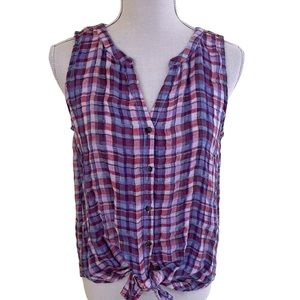 Lucky Brand Sleeveless Red/White/Blue Plaid Tie Front Top S